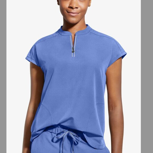 Healing Hands NWT Womens XL Sandy‎ Mandarin Collar Scrub Top 2 Pocket Zip Blue - Picture 1 of 10